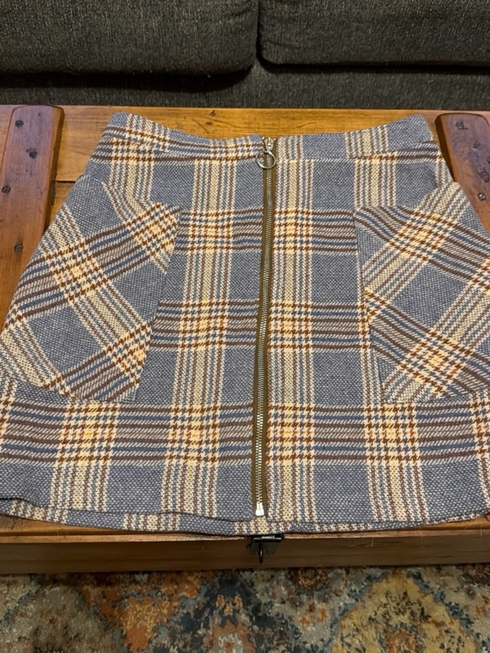 Plaid Front-Zip Mini Skirt in Gray and Tan